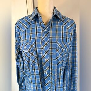Wrangler Western Shirts Blue Plaid Pearl Snap Button Down Cowboy Shirt Size M